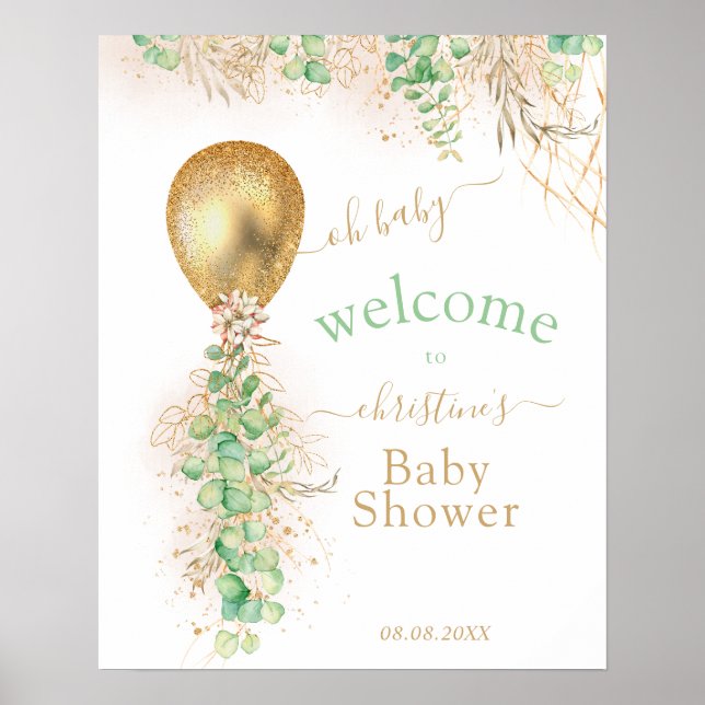 Affiche Parties scintillant d'or vert Eucalyptus Balloon B (Devant)