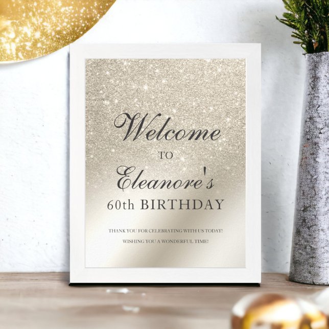 Affiche parties scintillant en ivoire perlé métallique bie (pearl ivory glitter metallic welcome birthday poster)
