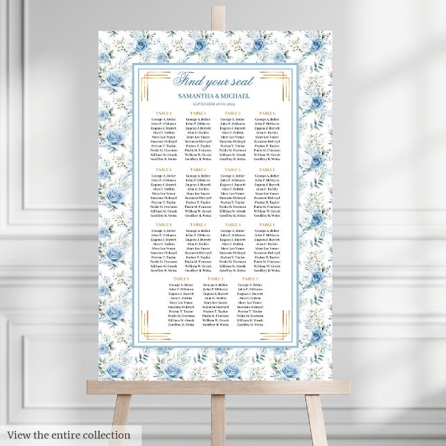 Affiche Parties scintillant en or bleu clair Boho romantiq (Romantic Boho Light Blue Gold Glitter Seating Poster)