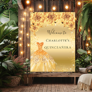 Affiche Parties scintillant en or Quinceanera fleurs de ro