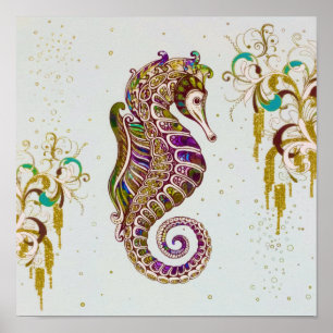 Affiche Parties scintillant Gold Summer Rainbow Seahorse