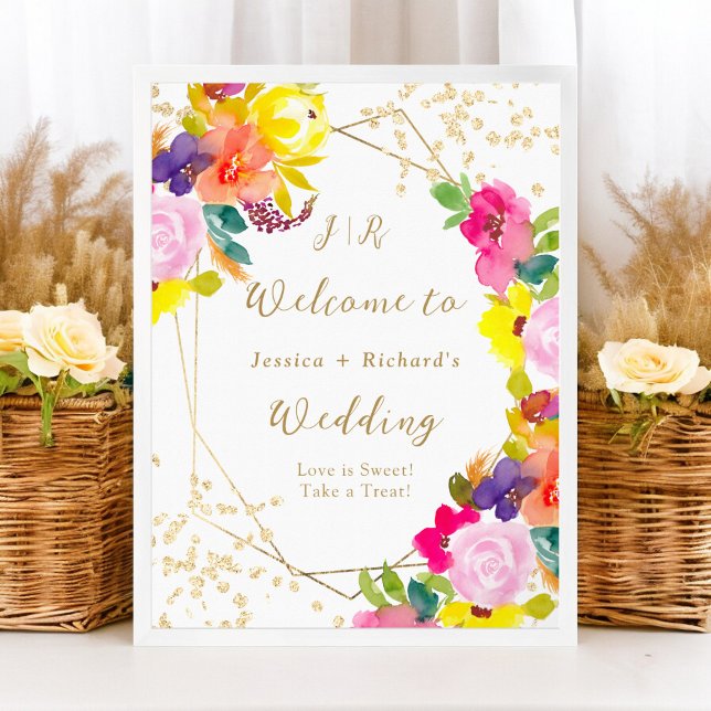 Affiche Parties scintillant or boho audacieux mariage flor (Gold glitter boho bold floral wedding welcome poster)