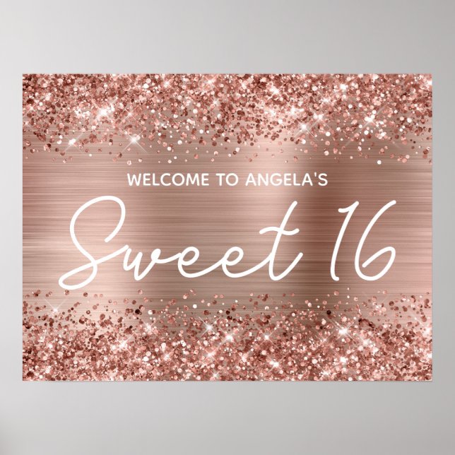 Affiche Parties scintillant or rose et Foil Sweet 16 Bienv (Devant)