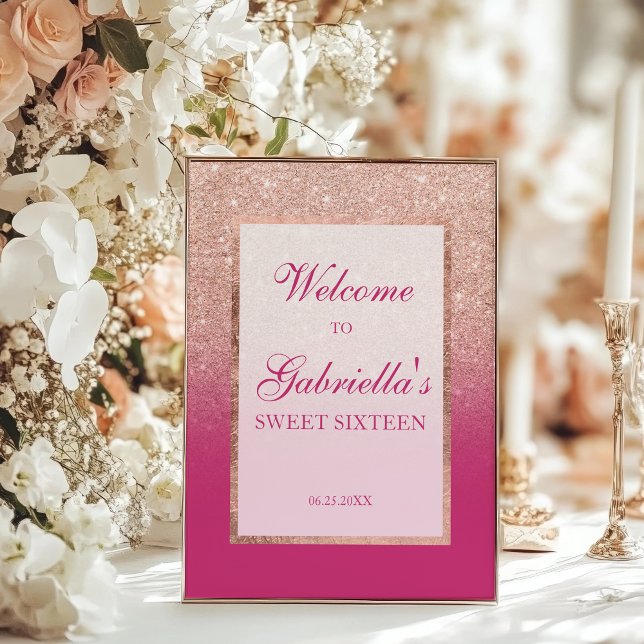 Affiche Parties scintillant or rose et Ombre rose doux 16  (Rose Gold Glitter and Pink Ombre Sweet 16 Welcome Poster)