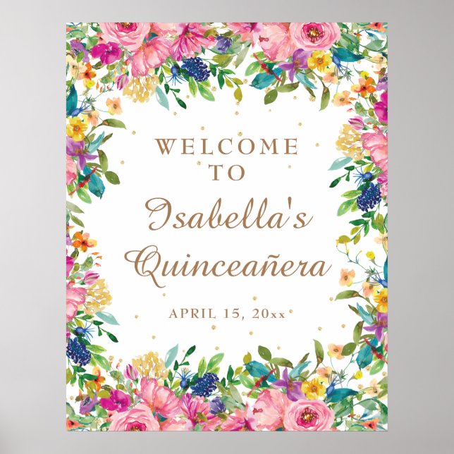 Affiche Parties scintillant or rose Floral Quinceañera Bie (Devant)