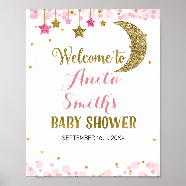 Affiche Parties scintillant rose lune baby shower signe de (Devant)