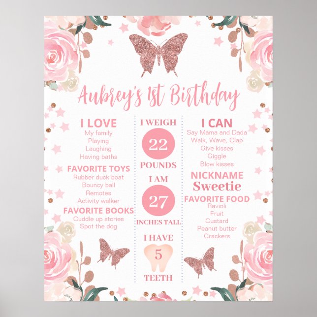 Affiche Parties scintillant rose Papillon Anniversaire Pos (Devant)