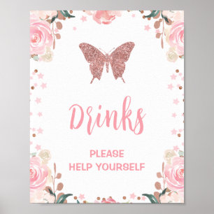 Affiche Parties scintillant rose Papillon Boire Signé de f