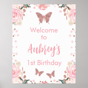 Affiche Parties scintillant rose Papillon d'anniversaire P
