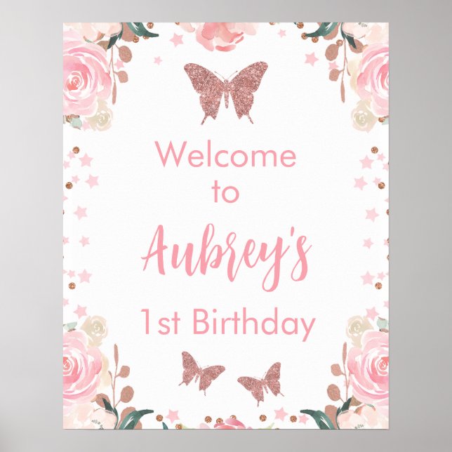Affiche Parties scintillant rose Papillon d'anniversaire P (Devant)