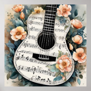 Affiche Partition Musique Guitare Acoustique En Fleurs De 