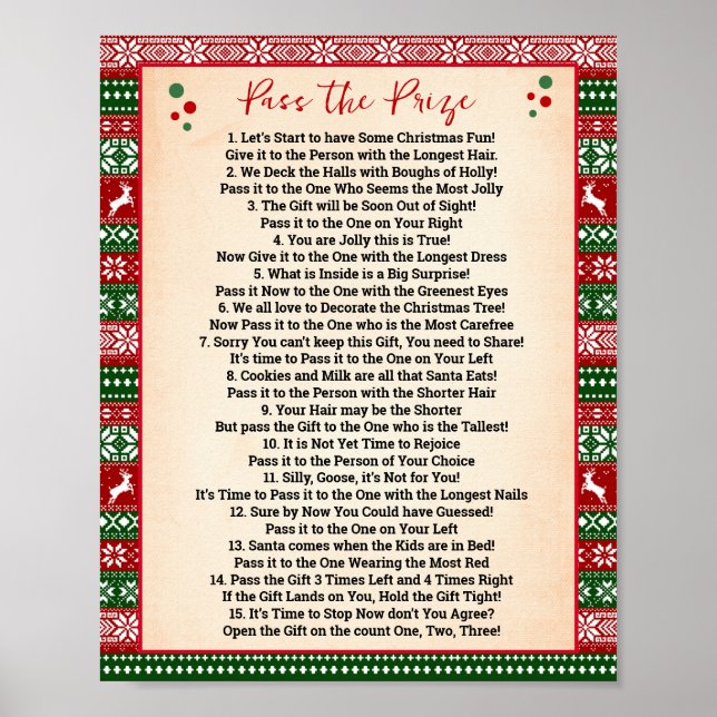 Affiche Pass the Prize Poem Game Ugly Sweater Sign (Devant)