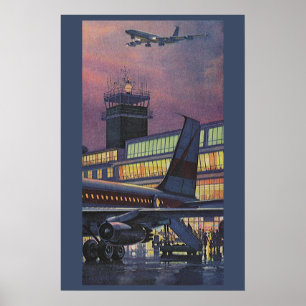 Affiche Passagers d'affaires vintage dans un avion à l'aér