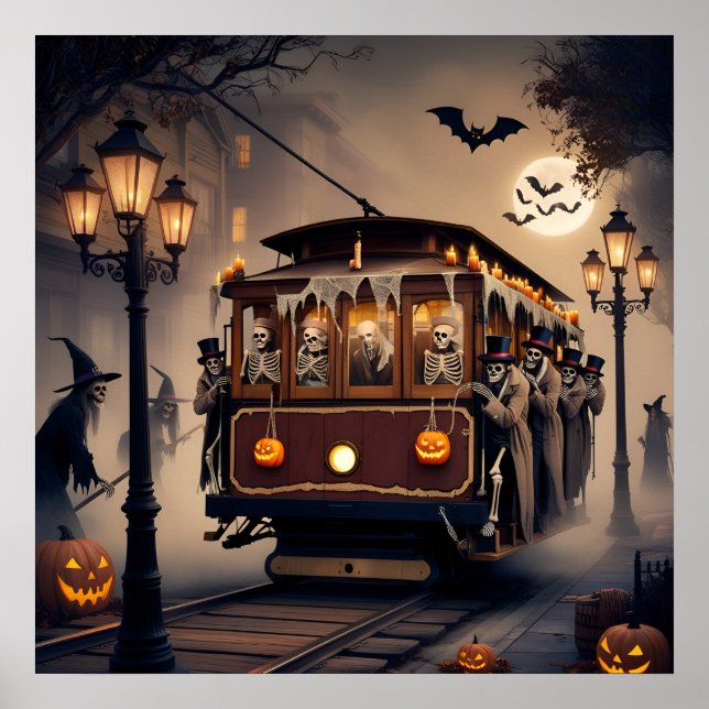 Affiche passagers squelettes en téléphérique halloween (Devant)
