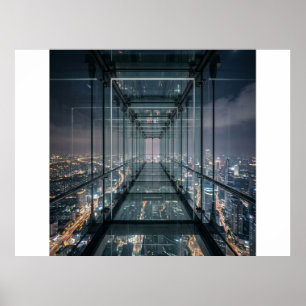 Affiche Passerelle de verre au-dessus de la ville de néon