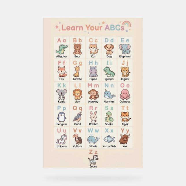 Affiche pastel ABC Animaux pour Enfants (Recto)