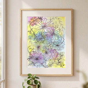 Affiche Pastel Aquarelles Florales élégantes Noir Line Art