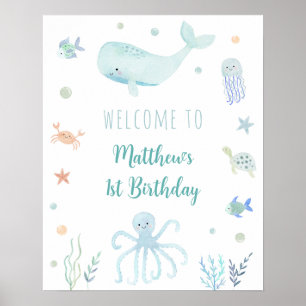 Affiche Pastel Bleu Sous la Mer Accueil d'Anniversaire