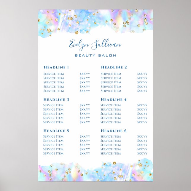 Affiche Pastel Blue Aquarelle Parties scintillant Prix Lis (Devant)