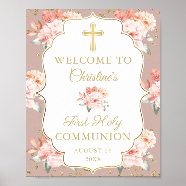 Affiche Pastel Coral Floral Première Communion Sainte Bien (Devant)