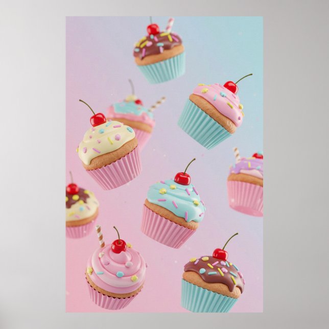 Affiche Pastel Cupcake Pattern on Pink (Devant)
