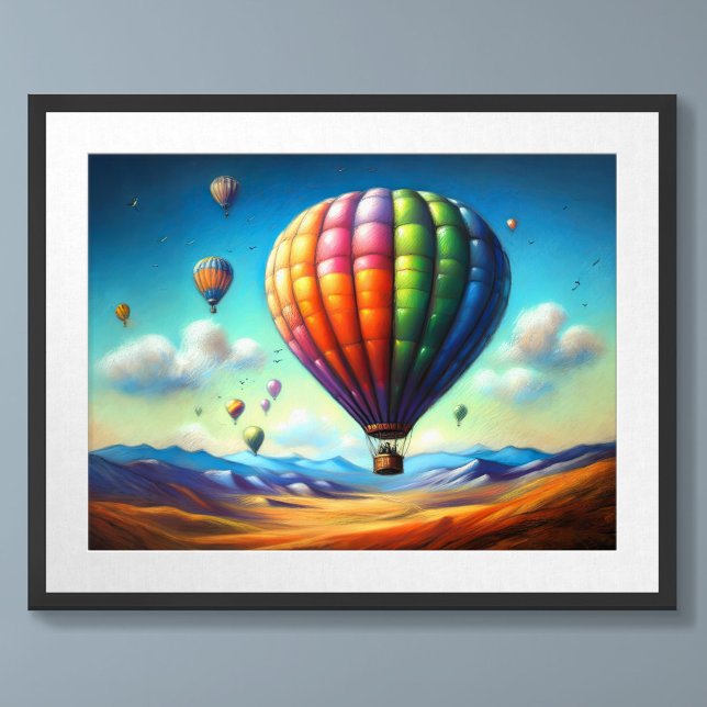 Affiche Pastel Dessin Balloons À Air Chaud Sur Paysage (Créateur téléchargé)