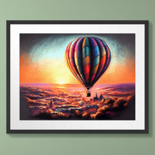 Affiche Pastel Dessin Ballotte à air chaud sur la ville eu