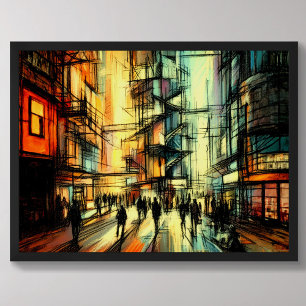 Affiche Pastel Dessin Futuriste Style Comique Ville