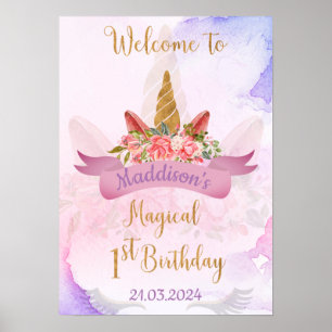 Affiche Pastel Floral Unicorne fête d'anniversaire Bienven