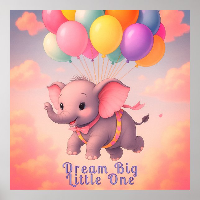 Affiche Pastel Flying Baby Elephant, Nursery Custom (Devant)