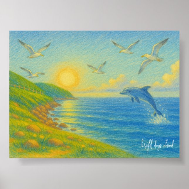 Affiche Pastel Ocean Sunset Landscape Painting Dolphin (Devant)