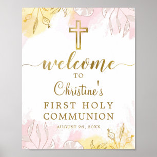 Affiche Pastel Pink Gold Floral Première communion Bienven