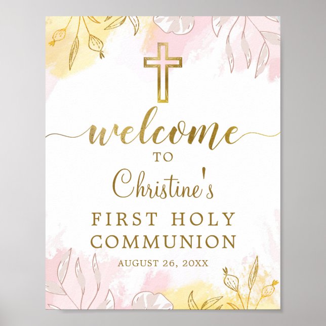 Affiche Pastel Pink Gold Floral Première communion Bienven (Devant)