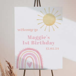 Affiche Pastel Pink Rainbow Sun 1st Birthday Welcome Sign