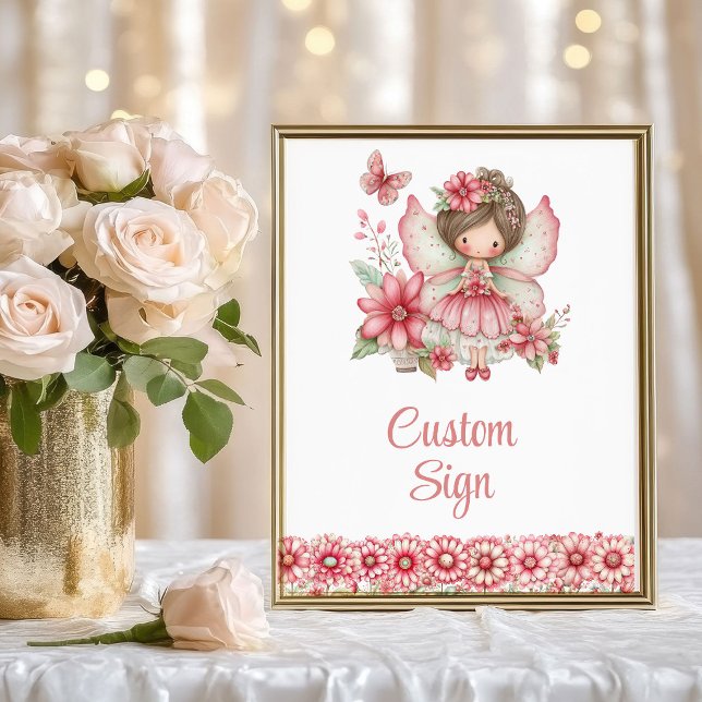 Affiche Pastel Pink Whimsical Fairy Floral 4th Birthday  (Pastel Pink Whimsical Fairy Floral 4th Birthday Custom Sign)