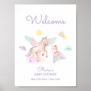 Affiche Pastel Purple Princess Unicorn Baby shower Bienven
