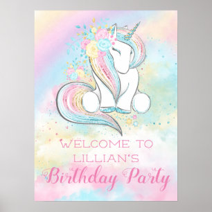Affiche Pastel Rainbow Unicorn Birthday Party Sign