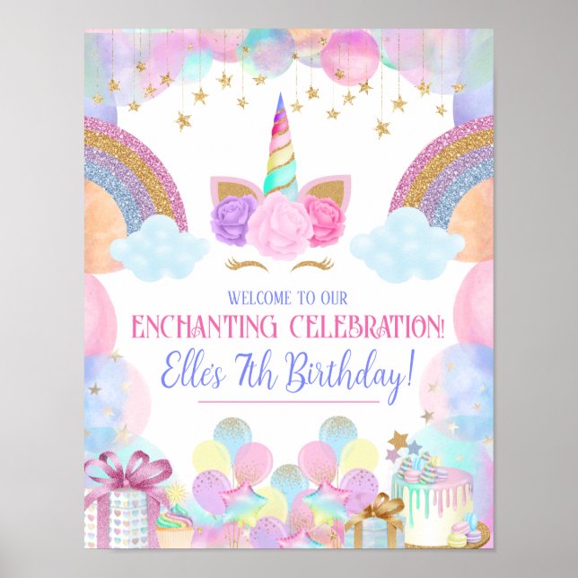 Affiche Pastel Rainbow Unicorn Birthday Party Sign (Devant)