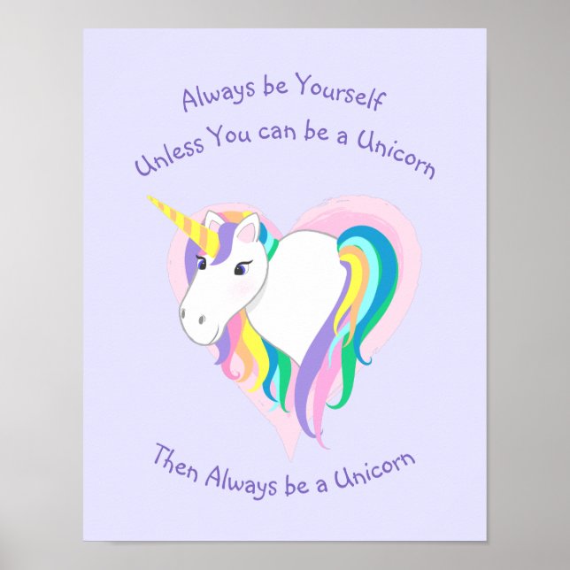 Affiche Pastel Rainbow Unicorn Coeur avec texte Imprimer (Devant)