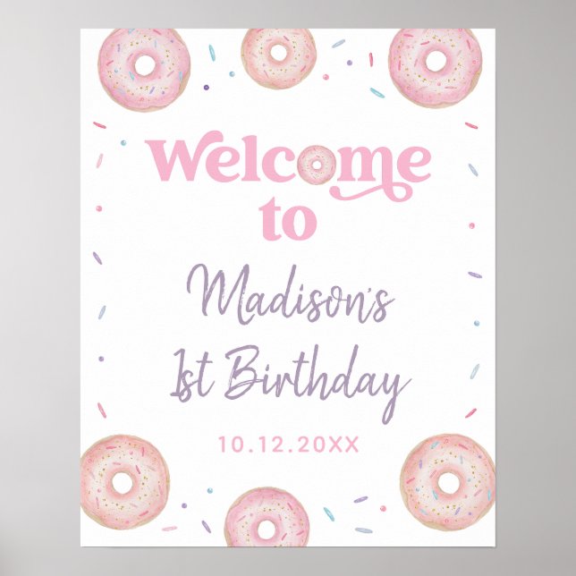 Affiche Pastel Rose Donut Sweet Un Anniversaire Bienvenue (Devant)