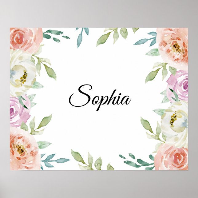 Affiche Pastel Watercolor Floral avec nom Customisé (Devant)
