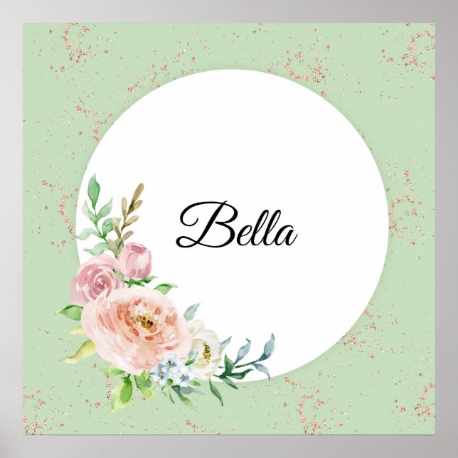 Affiche Pastel Watercolor Rose avec nom Customisé (Devant)