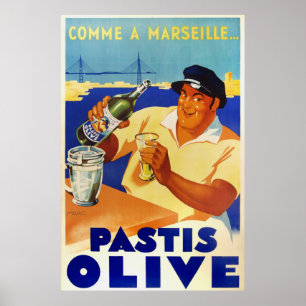 Affiche Pastis Olive comme a Marseille 1936 Français vinta