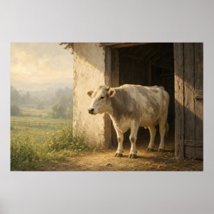 Affiche pastorale de vache à la porte de grange