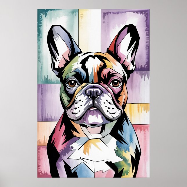 Affiche Patchwork Frenchie Géométrique Néon Bouledogue Fra (Devant)