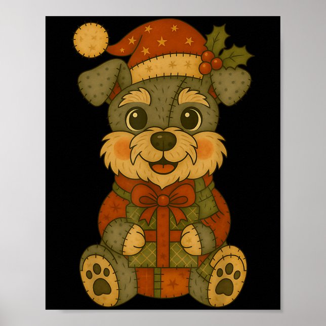 Affiche Patchwork Schnauzer Chien avec chapeau de Père Noë (Devant)