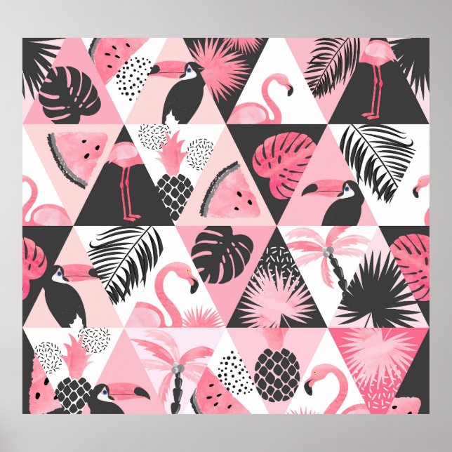 Affiche Patchwork Tropical : Flamant rose Watermelon Seaml (Devant)