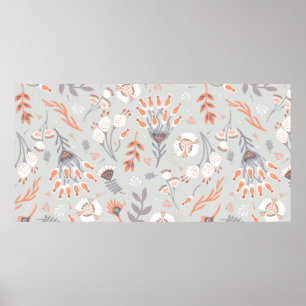Affiche Pâte Gris Orange Floral, Motif sans joint,