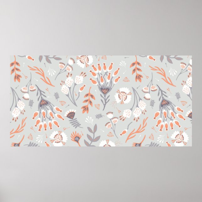 Affiche Pâte Gris Orange Floral, Motif sans joint, (Devant)