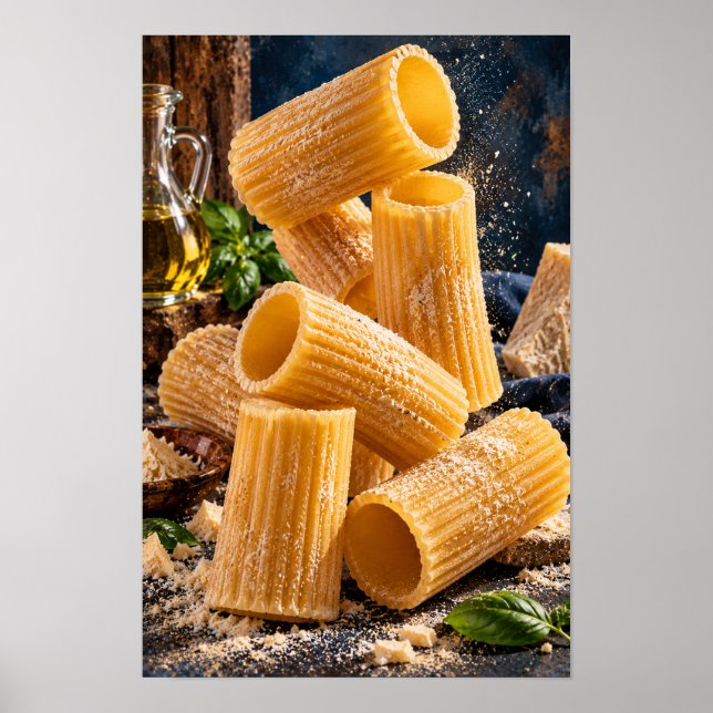 Affiche Pâtes Rigatoni Dorées avec du Basilic Frais – Rust (Devant)